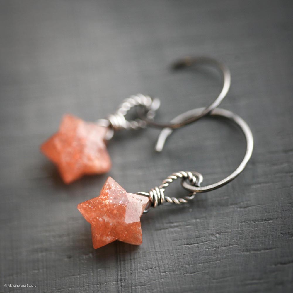 Star Child - Sparkling Sunstone Stars Wire Wrapped Oxidized Sterling Silver Earrings