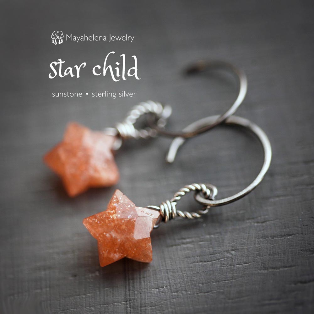 Star Child - Sparkling Sunstone Stars Wire Wrapped Oxidized Sterling Silver Earrings