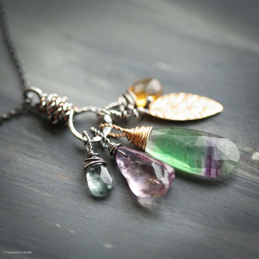 Harmony - Fluorite Ametrine Citrine Aquamarine Crystals with Brass Accents Mixed Metal Charm Necklace
