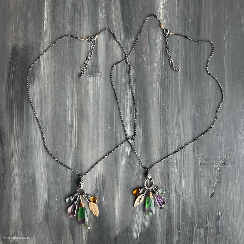 Harmony - Fluorite Ametrine Citrine Aquamarine Crystals with Brass Accents Mixed Metal Charm Necklace