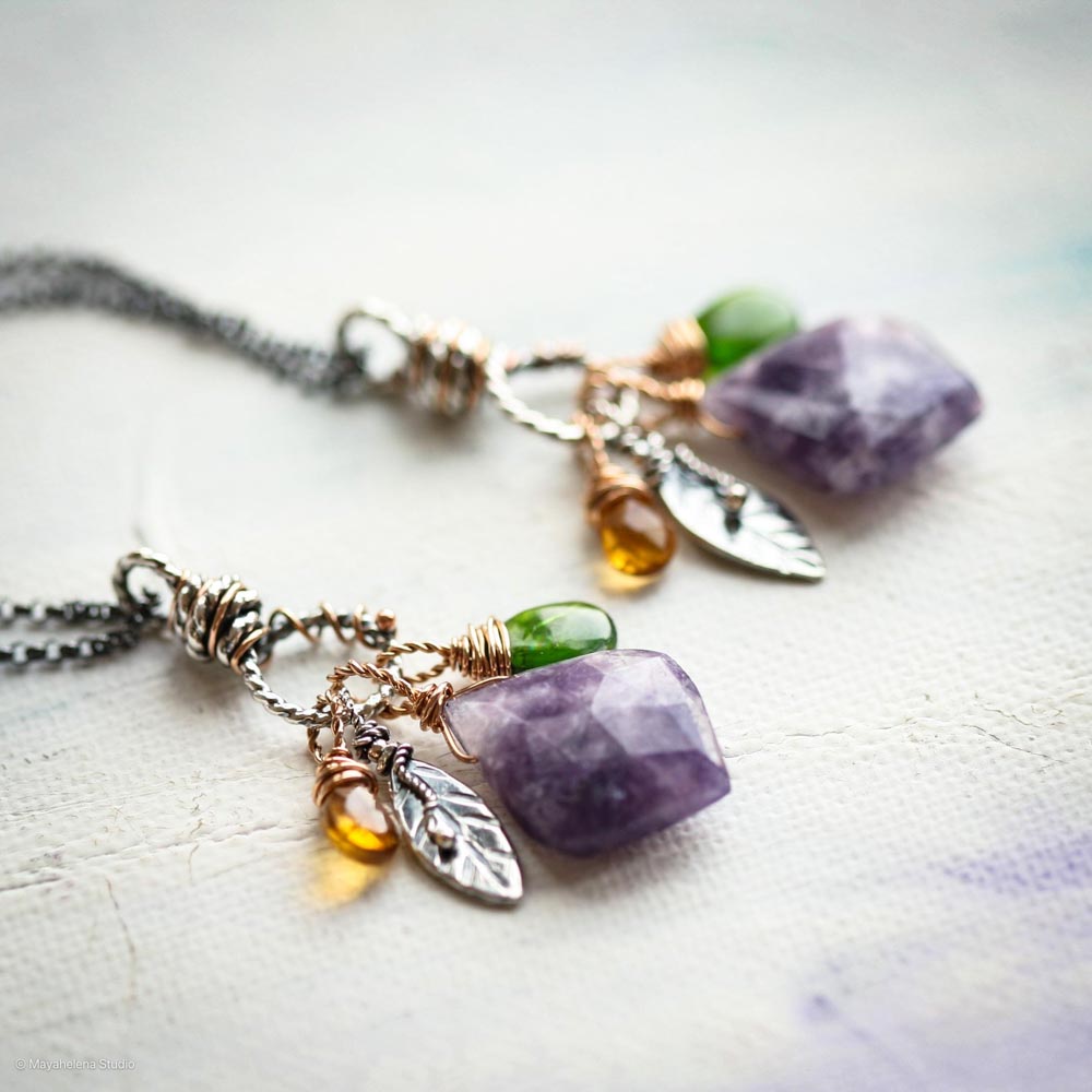 il_fullxfull.6623921408_hllu.jpg Tranquility - Lepidolite Chrome Diopside Citrine Crystals Mixed Metal Brass Accents Silver Charm Necklace