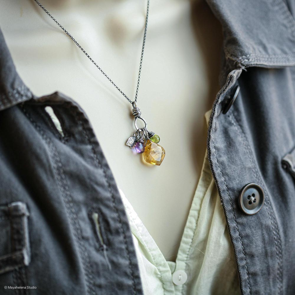 Prosperity - Citrine Amethyst Peridot Crystals Sterling Silver Charm Necklace Pendant