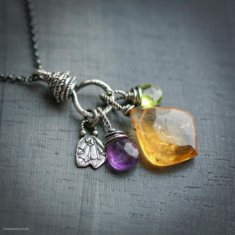 Prosperity - Citrine Amethyst Peridot Crystals Sterling Silver Charm Necklace Pendant