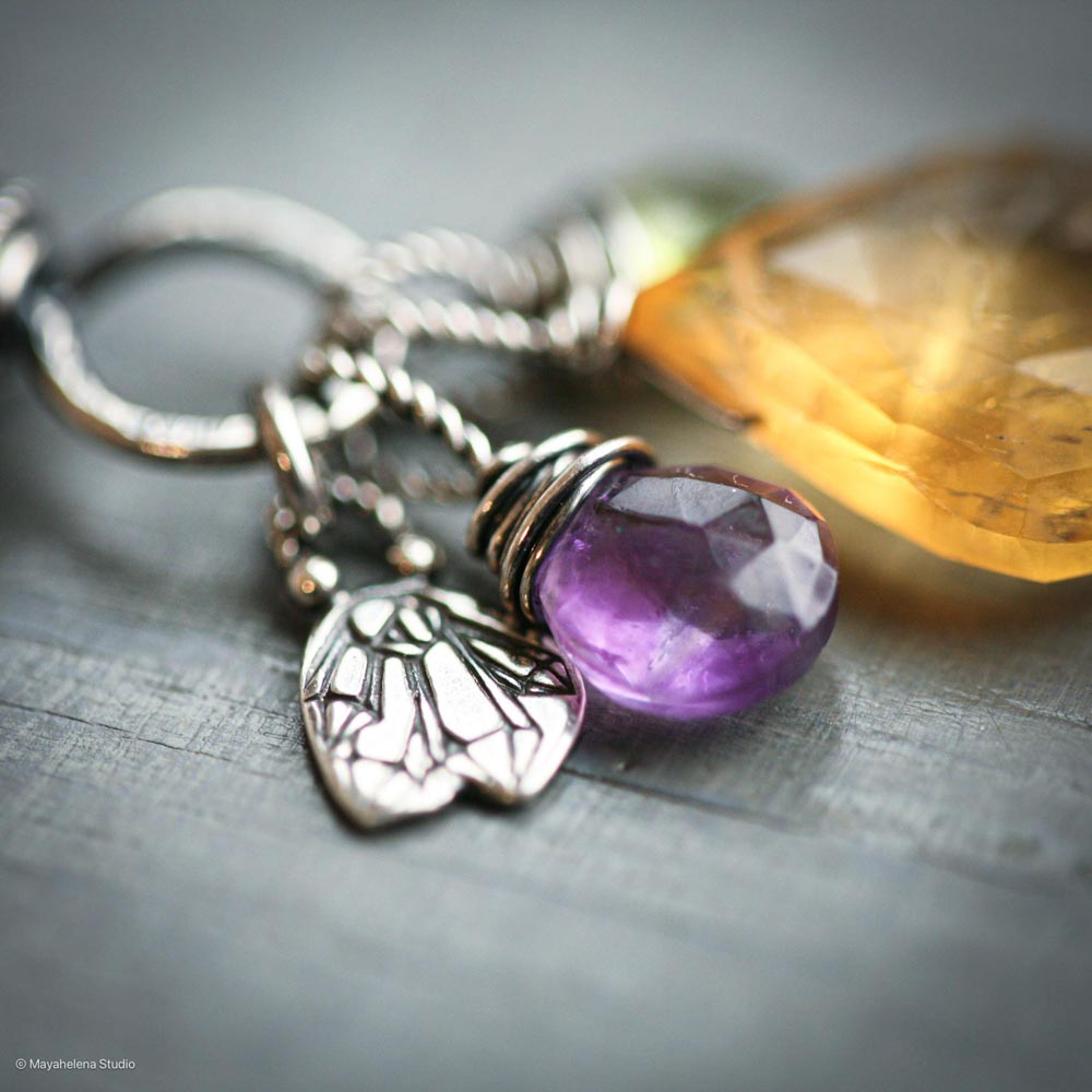 Prosperity - Citrine Amethyst Peridot Crystals Sterling Silver Charm Necklace Pendant
