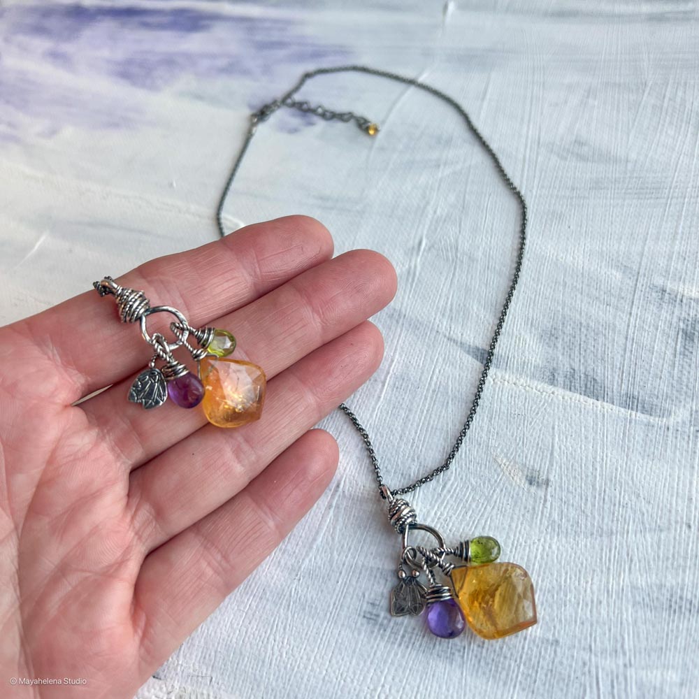 Prosperity - Citrine Amethyst Peridot Crystals Sterling Silver Charm Necklace Pendant