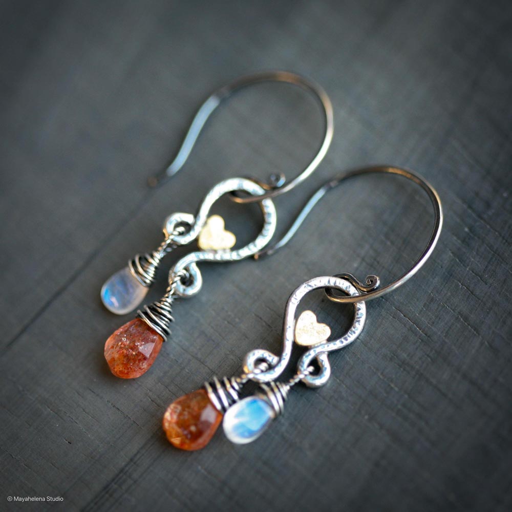 Solar Eclipse - Sunstone Moonstone Paisley with Accent Brass Hearts Sterling Silver Earrings