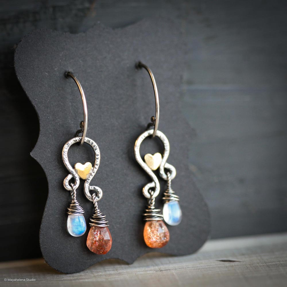 Solar Eclipse - Sunstone Moonstone Paisley with Accent Brass Hearts Sterling Silver Earrings