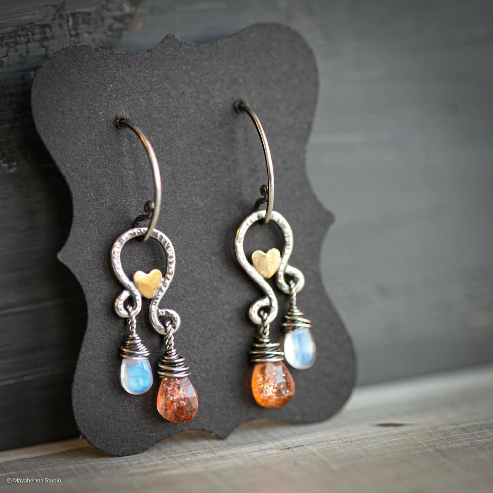 Solar Eclipse - Sunstone Moonstone Paisley with Accent Brass Hearts Sterling Silver Earrings
