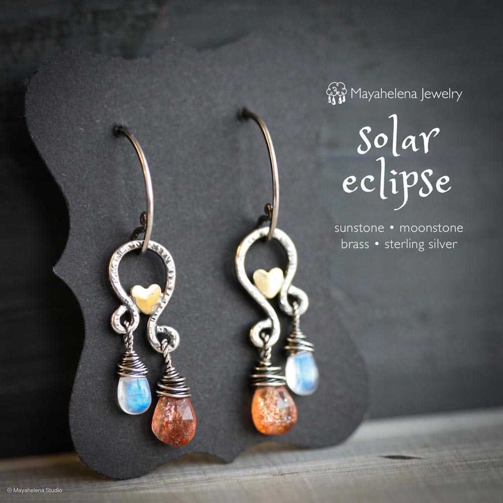 Solar Eclipse - Sunstone Moonstone Paisley with Accent Brass Hearts Sterling Silver Earrings