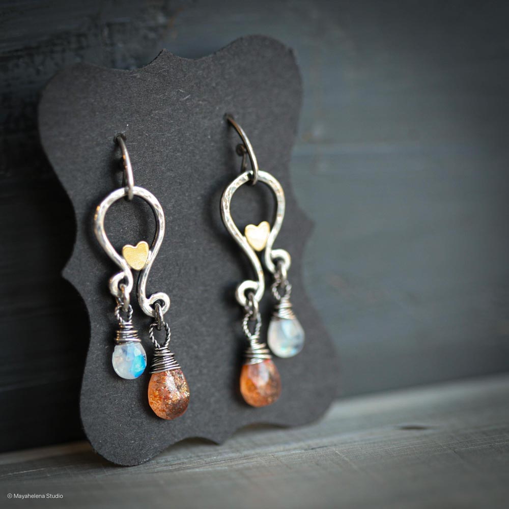 il_fullxfull.6664556239_nx9v.jpg Solar Eclipse - Sunstone Moonstone Paisley with Accent Brass Hearts Oxidized Sterling Silver Earrings