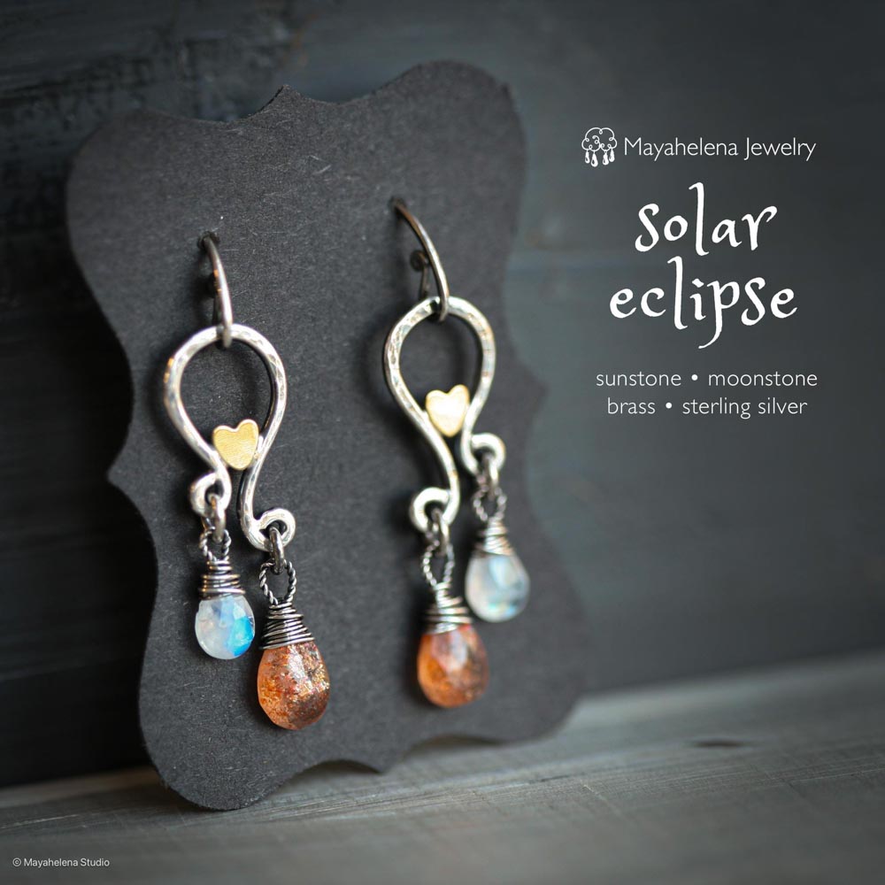 Solar Eclipse - Sunstone Moonstone Paisley with Accent Brass Hearts Oxidized Sterling Silver Earrings