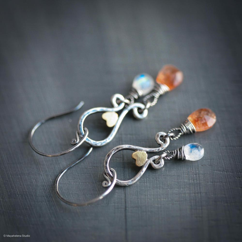 il_fullxfull.6664556243_a3v3.jpg Solar Eclipse - Sunstone Moonstone Paisley with Accent Brass Hearts Oxidized Sterling Silver Earrings