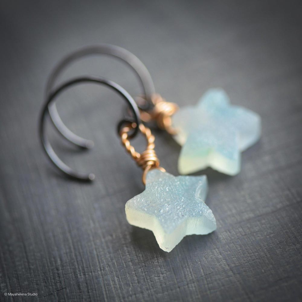 Star Child - Chalcedony Brass Oxidized Sterling Silver Earrings