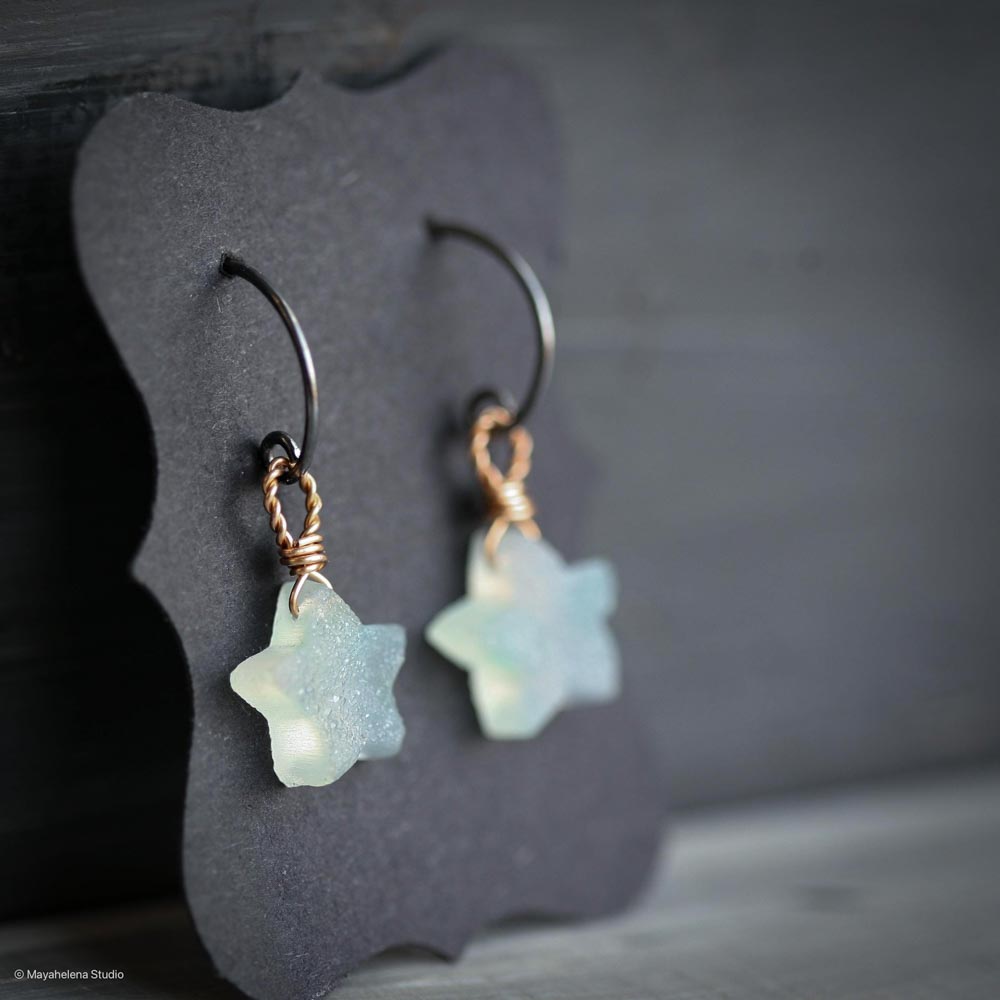 Star Child - Chalcedony Brass Oxidized Sterling Silver Earrings