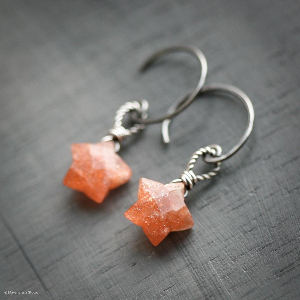 Star Child - Sparkling Sunstone Stars Wire Wrapped Oxidized Sterling Silver Earrings