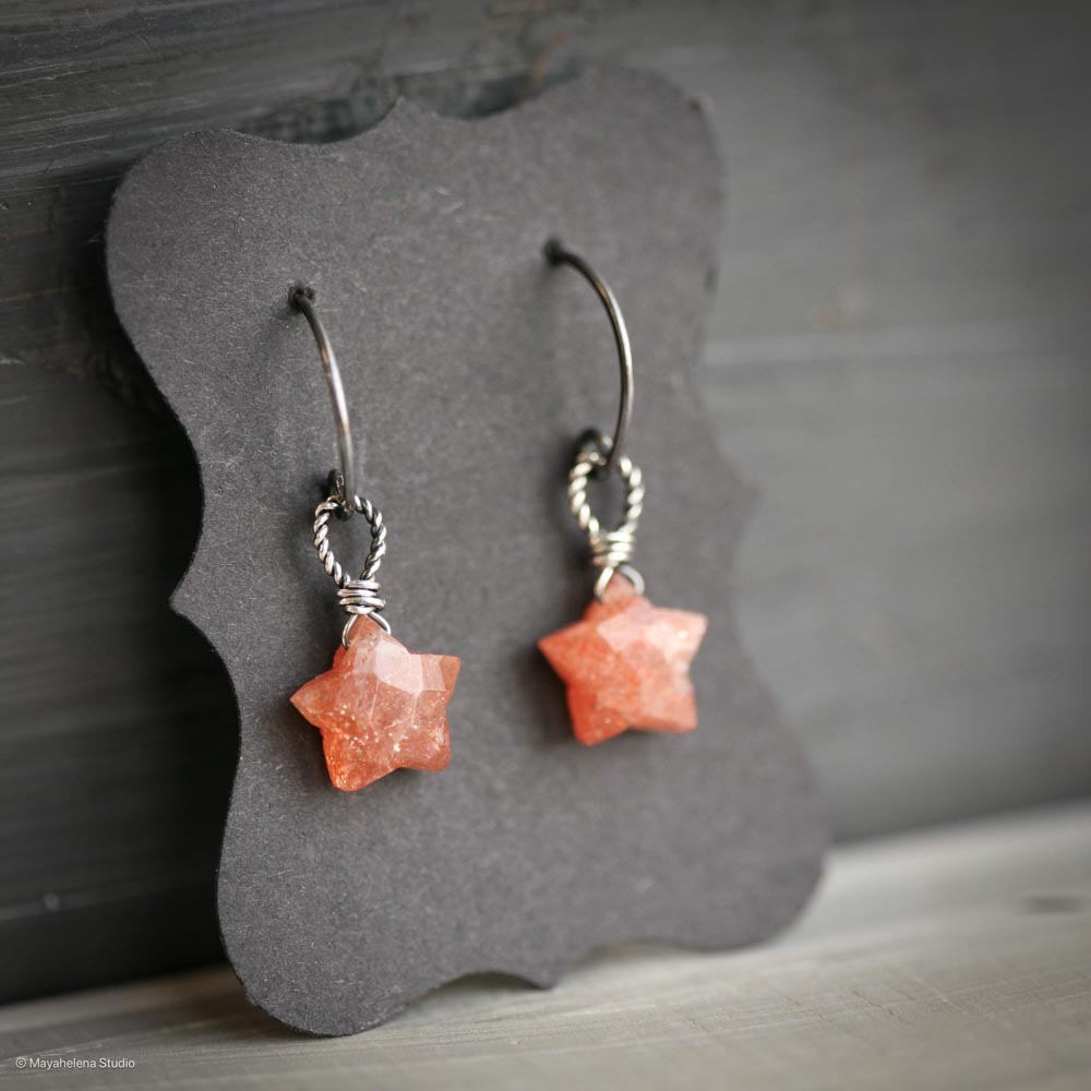 Star Child - Sparkling Sunstone Stars Wire Wrapped Oxidized Sterling Silver Earrings