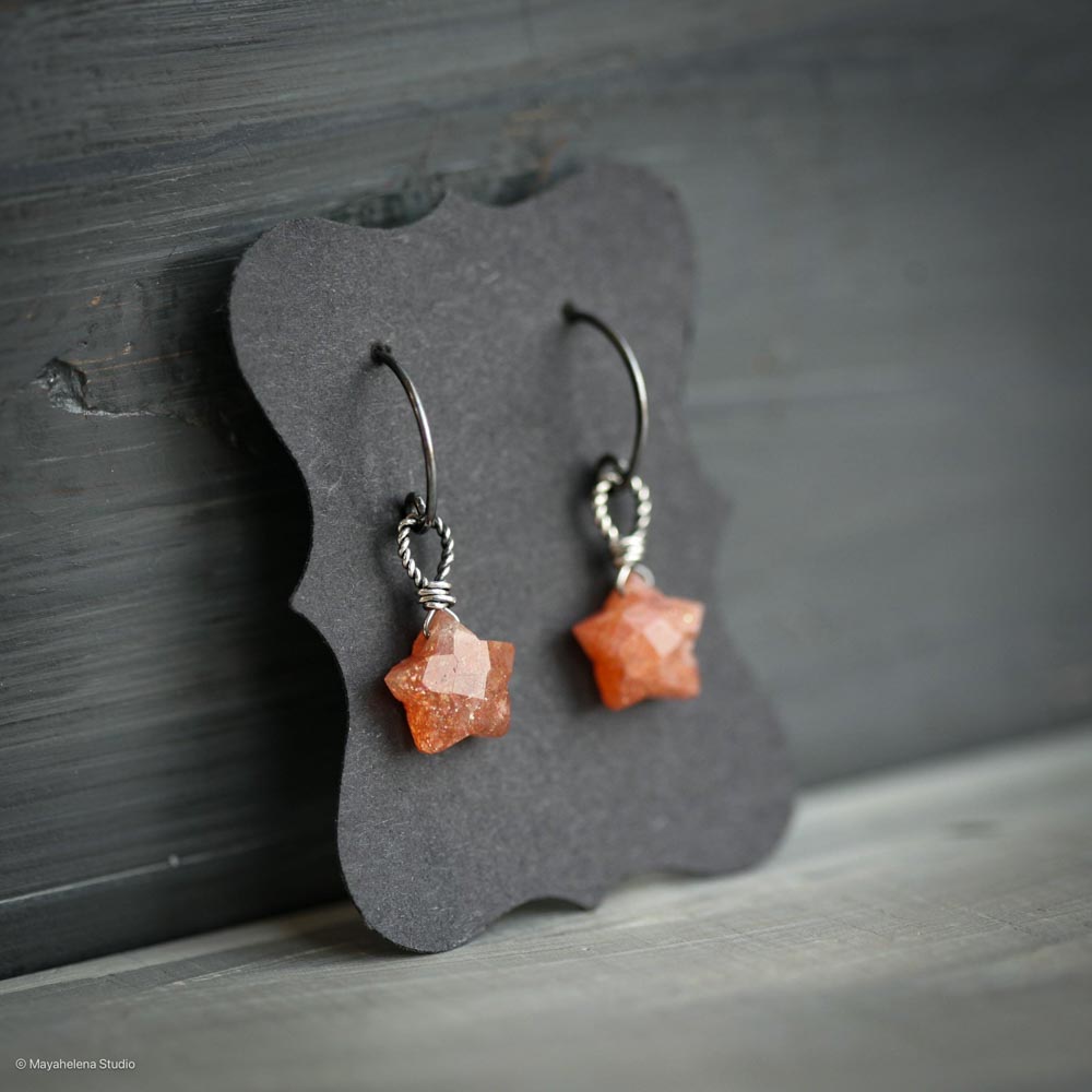 Star Child - Sparkling Sunstone Stars Wire Wrapped Oxidized Sterling Silver Earrings