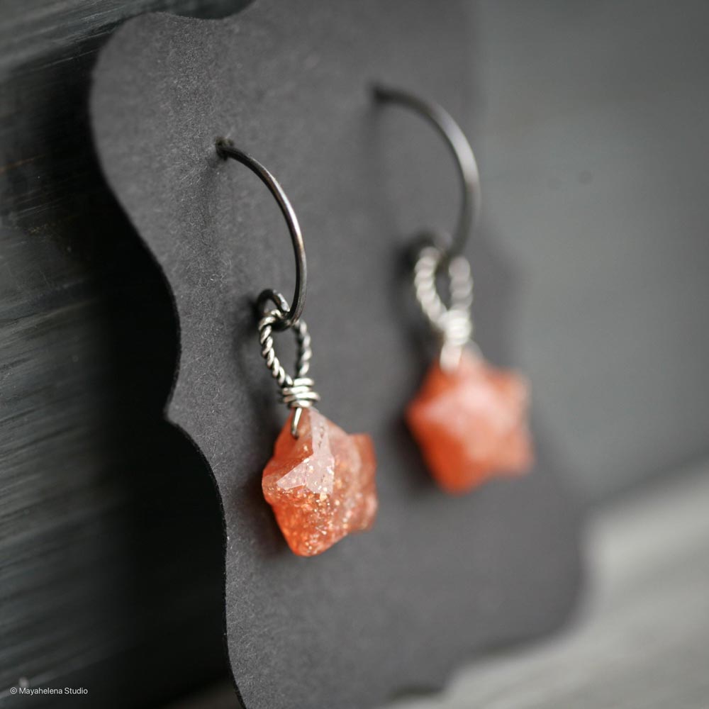Star Child - Sparkling Sunstone Stars Wire Wrapped Oxidized Sterling Silver Earrings