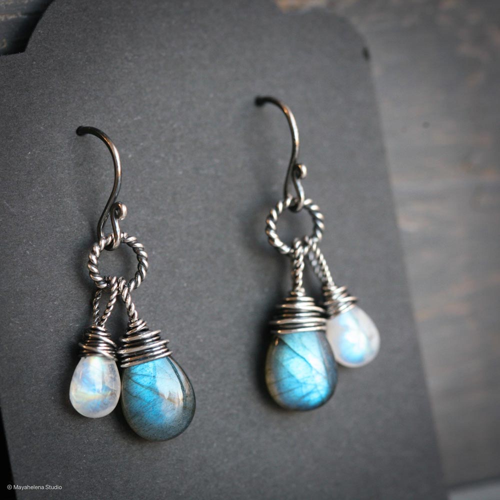 Dark Side of the Moon - Labradorite and Moonstone Wire Wrapped Sterling Silver Earrings