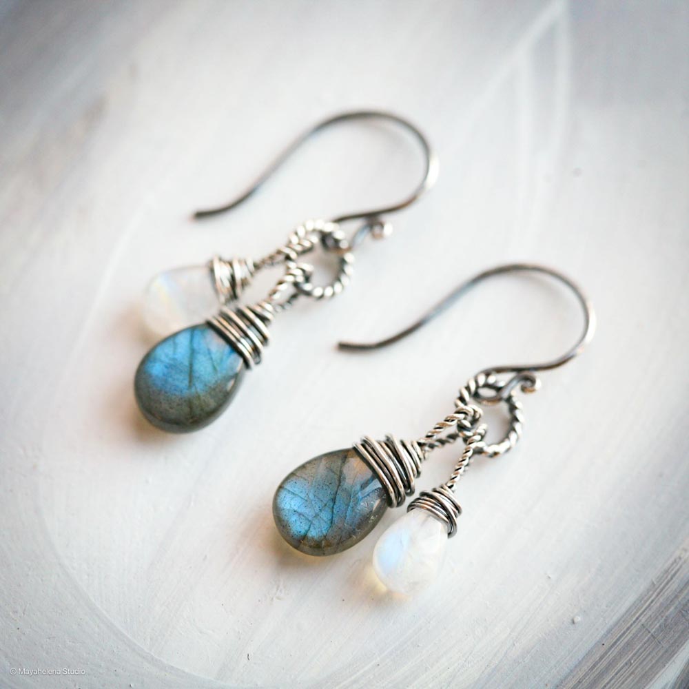 Dark Side of the Moon - Labradorite and Moonstone Wire Wrapped Sterling Silver Earrings