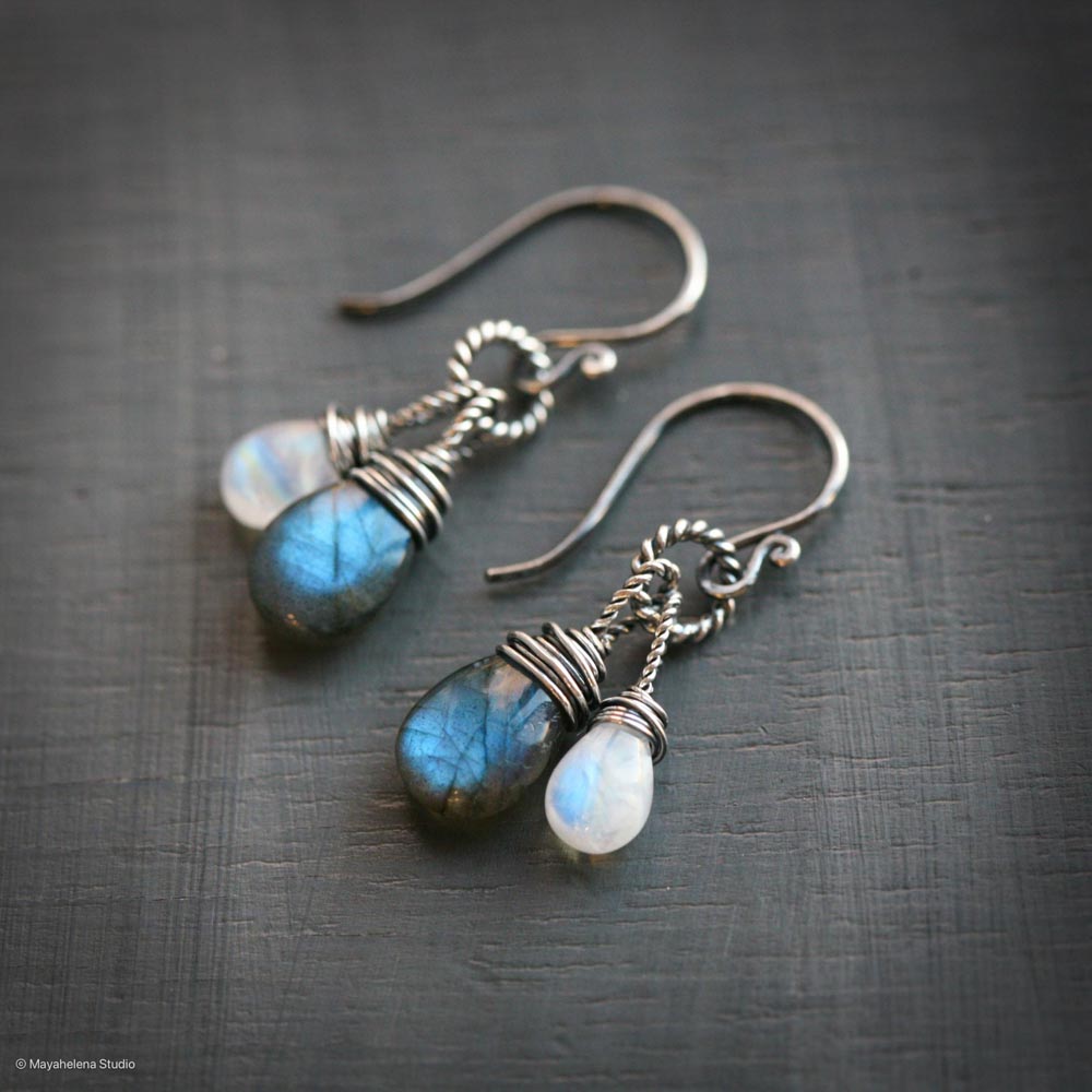 Dark Side of the Moon - Labradorite and Moonstone Wire Wrapped Sterling Silver Earrings
