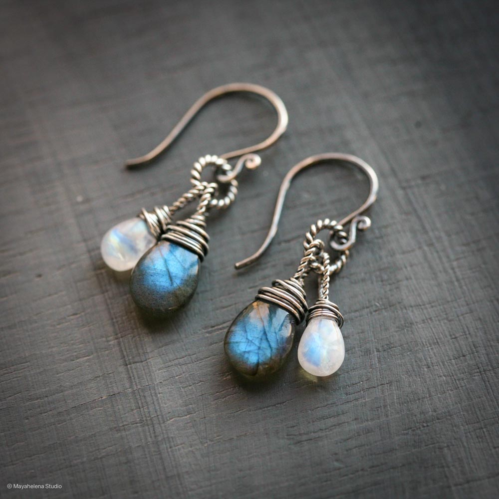 Dark Side of the Moon - Labradorite and Moonstone Wire Wrapped Sterling Silver Earrings