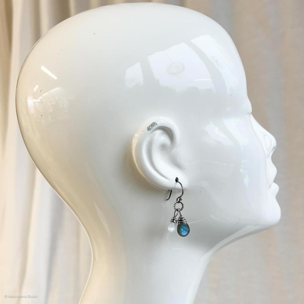 Dark Side of the Moon - Labradorite and Moonstone Wire Wrapped Sterling Silver Earrings