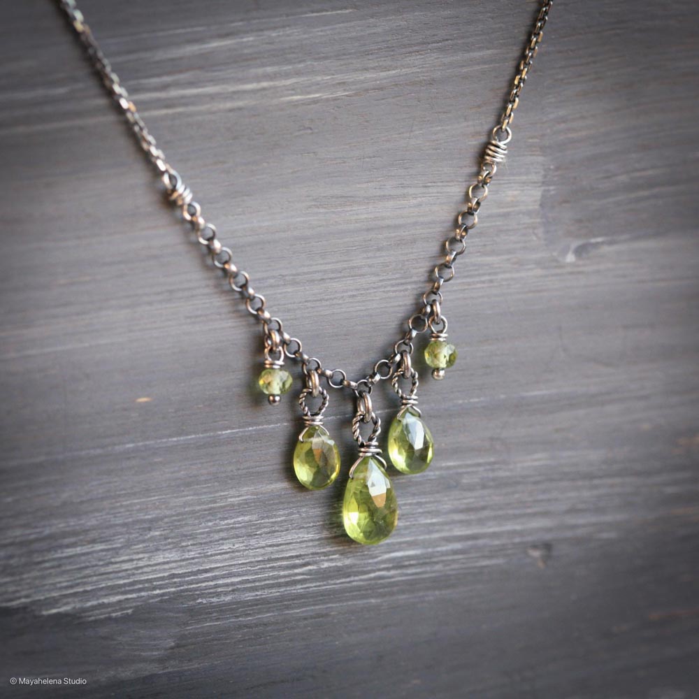 Summer Showers - Peridot Wire Wrapped Sterling Silver Necklace