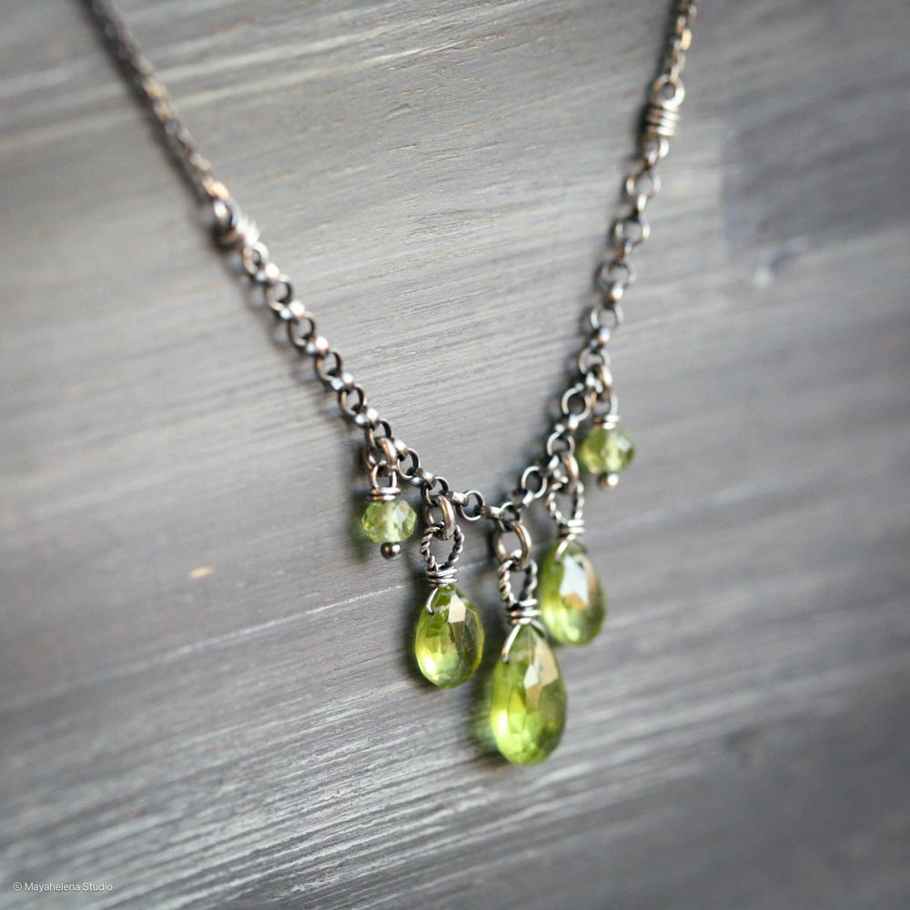 Summer Showers - Peridot Wire Wrapped Sterling Silver Necklace