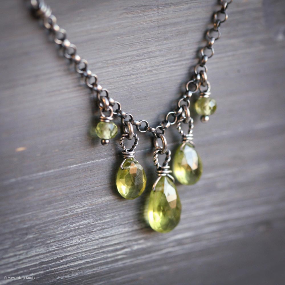Summer Showers - Peridot Wire Wrapped Sterling Silver Necklace