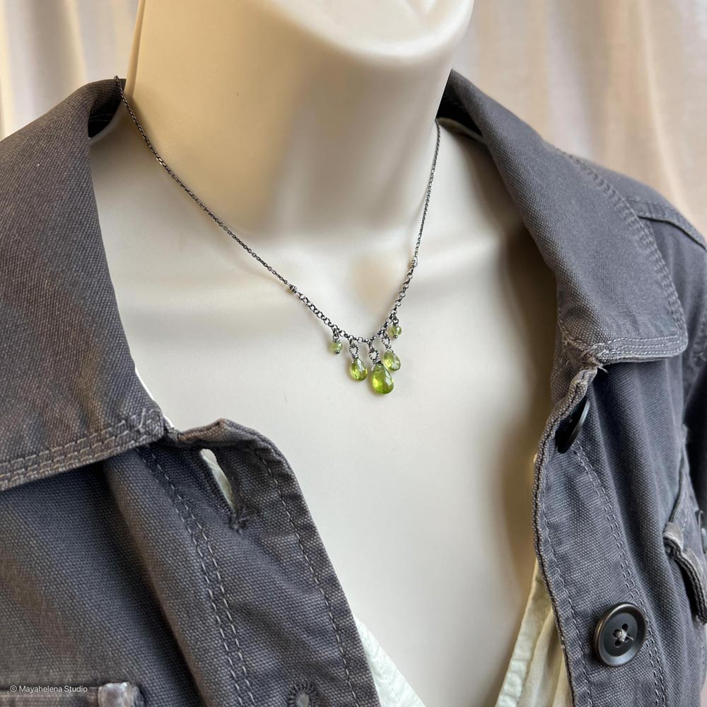 Summer Showers - Peridot Wire Wrapped Sterling Silver Necklace