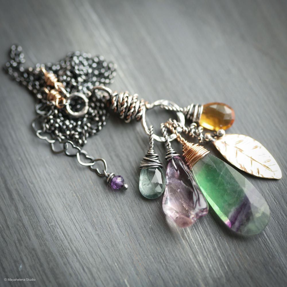 Harmony - Fluorite Ametrine Citrine Aquamarine Crystals with Brass Accents Mixed Metal Charm Necklace