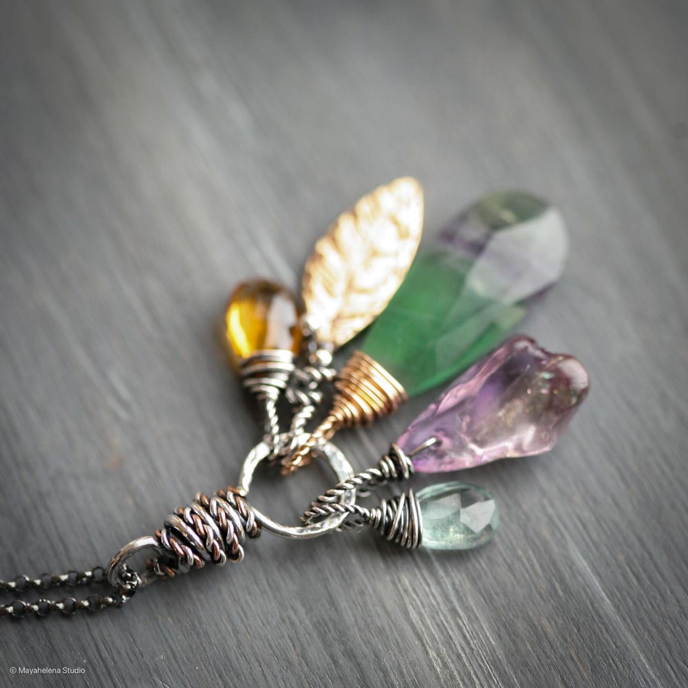 Harmony - Fluorite Ametrine Citrine Aquamarine Crystals with Brass Accents Mixed Metal Charm Necklace