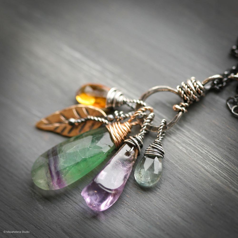 Harmony - Fluorite Ametrine Citrine Aquamarine Crystals with Brass Accents Mixed Metal Charm Necklace