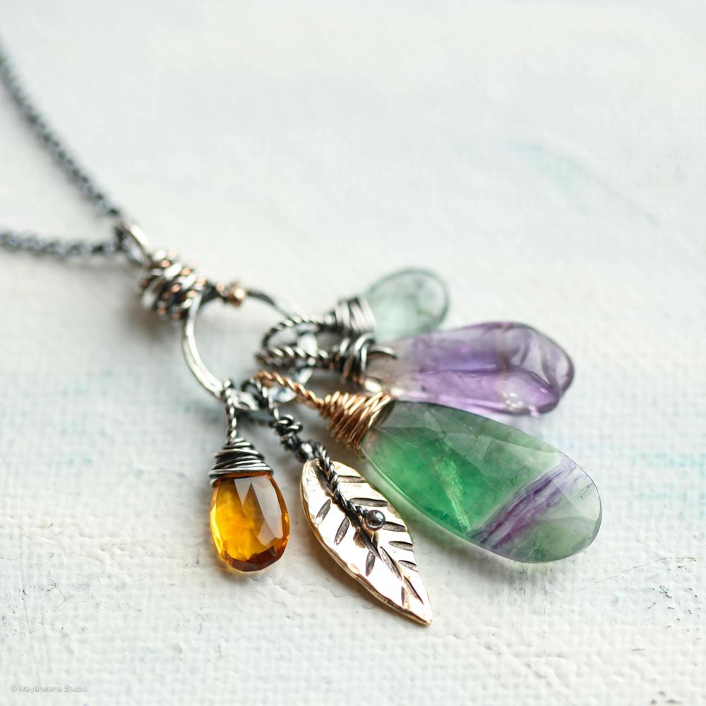 Harmony - Fluorite Ametrine Citrine Aquamarine Crystals with Brass Accents Mixed Metal Charm Necklace