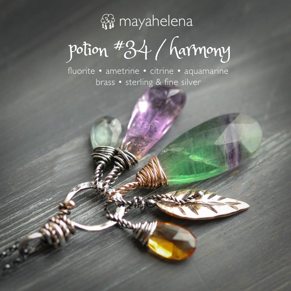 Harmony - Fluorite Ametrine Citrine Aquamarine Crystals with Brass Accents Mixed Metal Charm Necklace