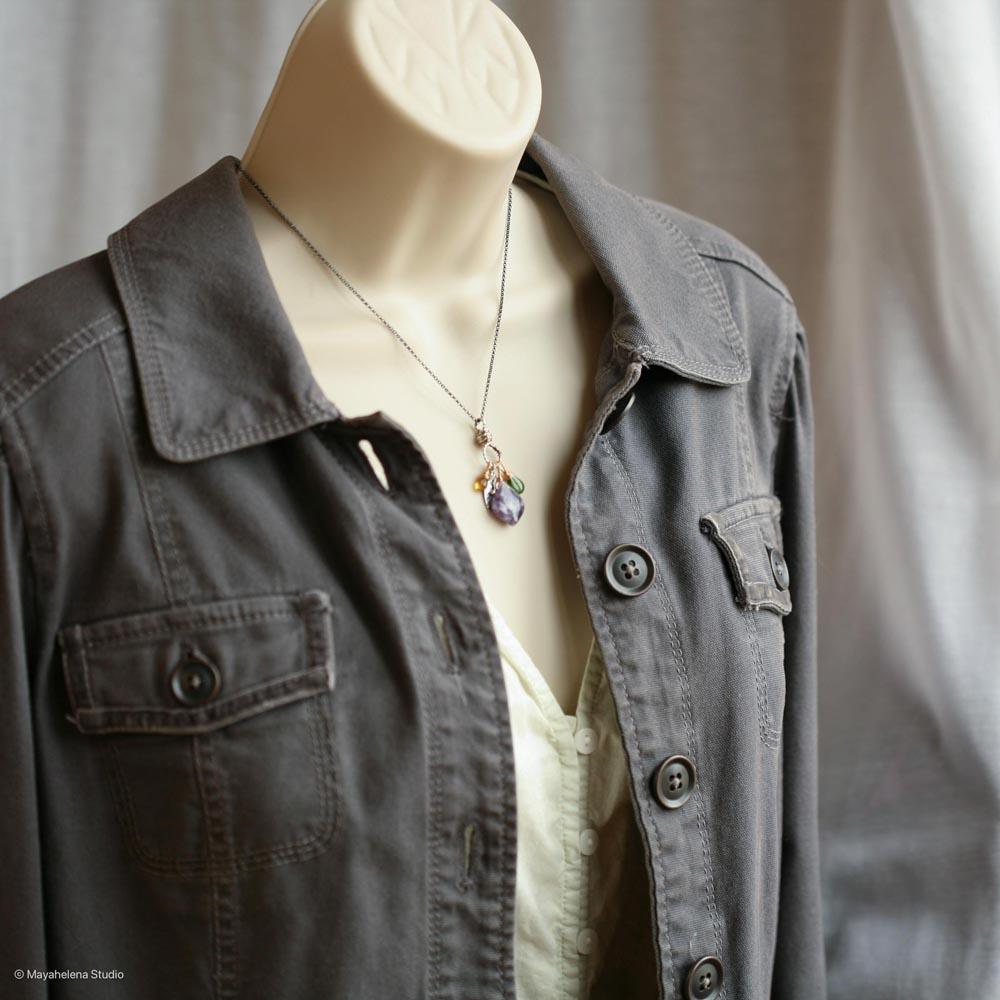 il_fullxfull.6672003233_iome.jpg Tranquility - Lepidolite Chrome Diopside Citrine Crystals Mixed Metal Brass Accents Silver Charm Necklace