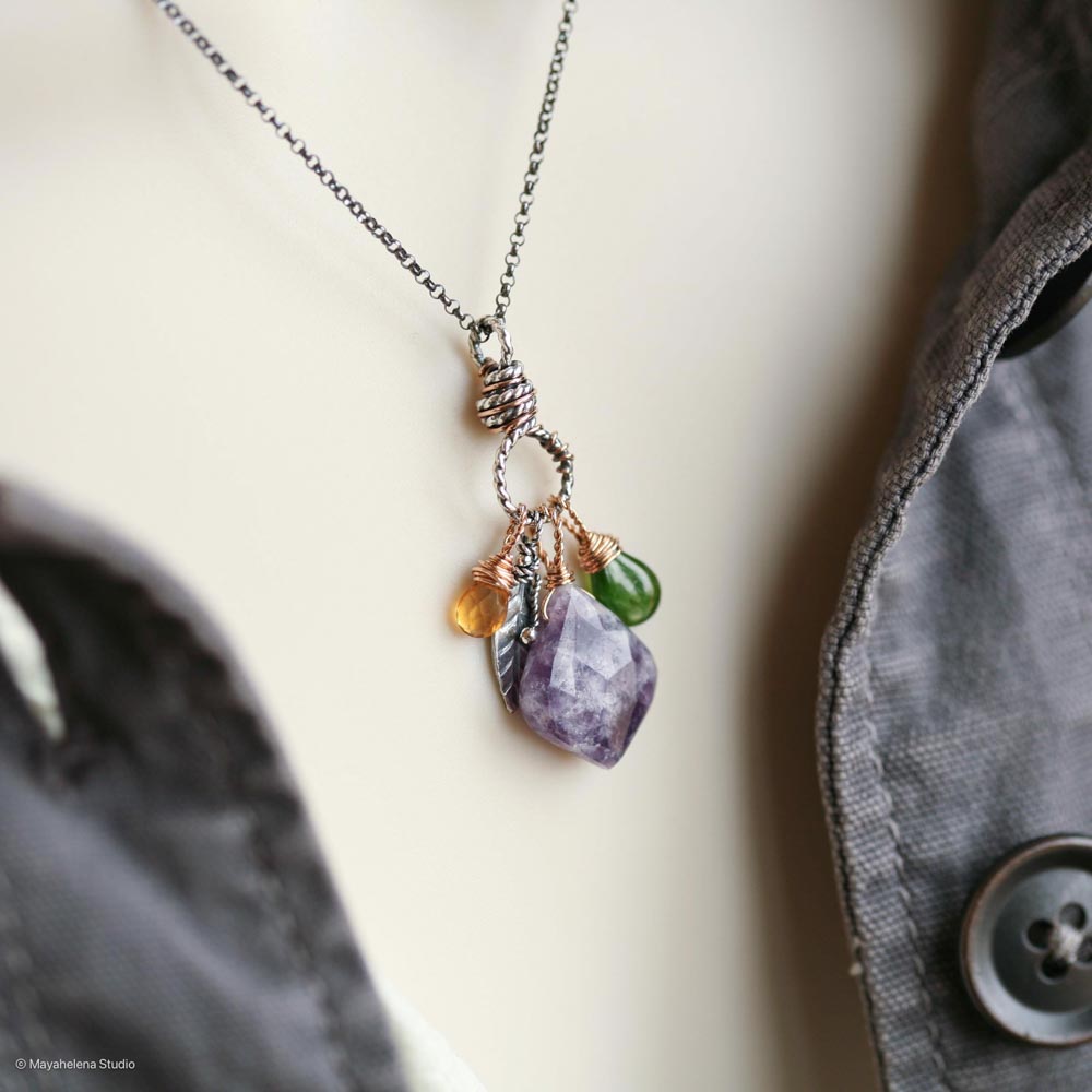 il_fullxfull.6672003237_b6si.jpg Tranquility - Lepidolite Chrome Diopside Citrine Crystals Mixed Metal Brass Accents Silver Charm Necklace