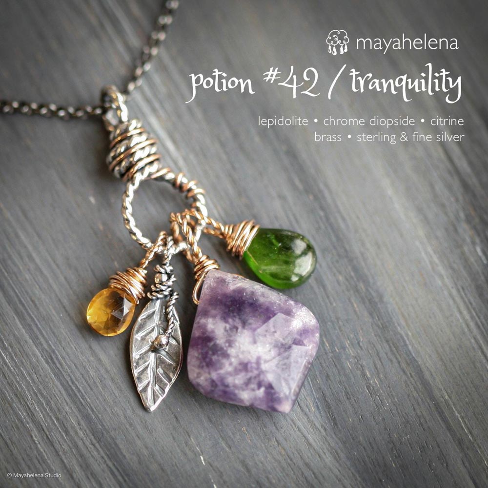 Tranquility - Lepidolite Chrome Diopside Citrine Crystals Mixed Metal Brass Accents Silver Charm Necklace