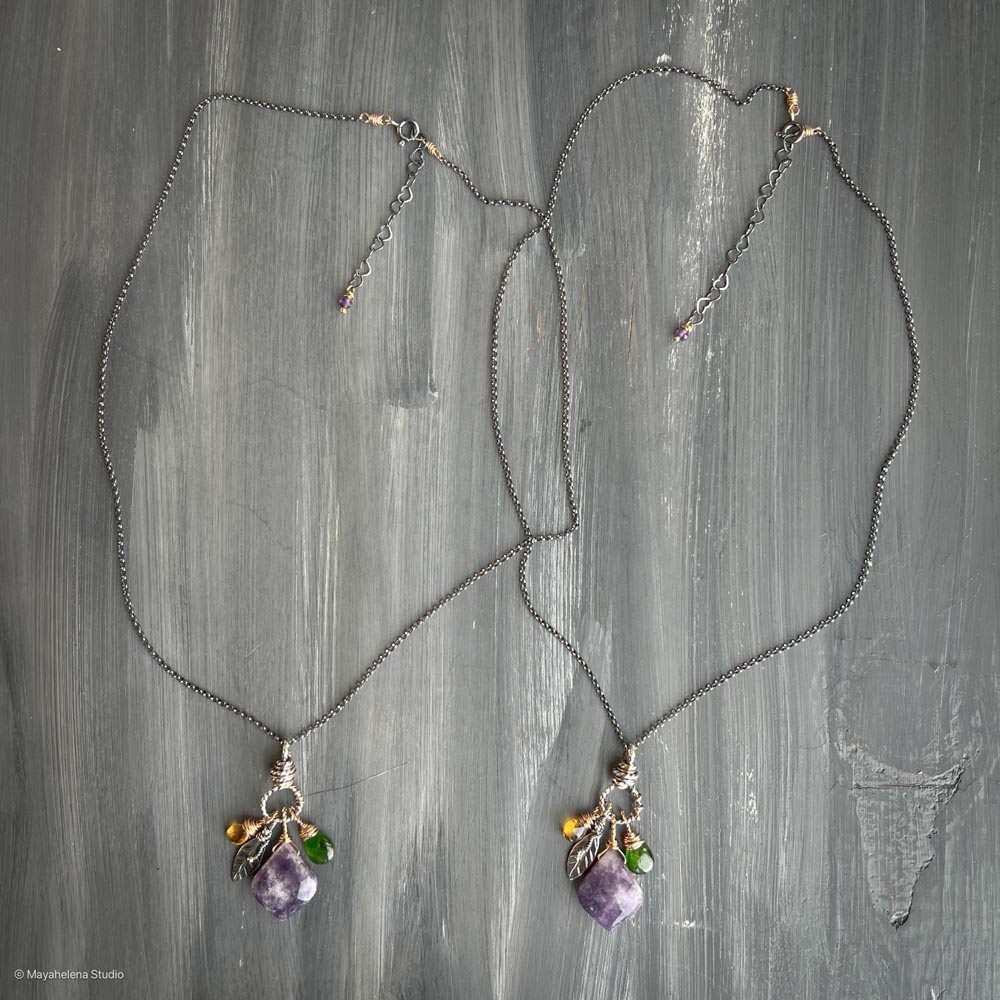 il_fullxfull.6672003249_ml0h.jpg Tranquility - Lepidolite Chrome Diopside Citrine Crystals Mixed Metal Brass Accents Silver Charm Necklace