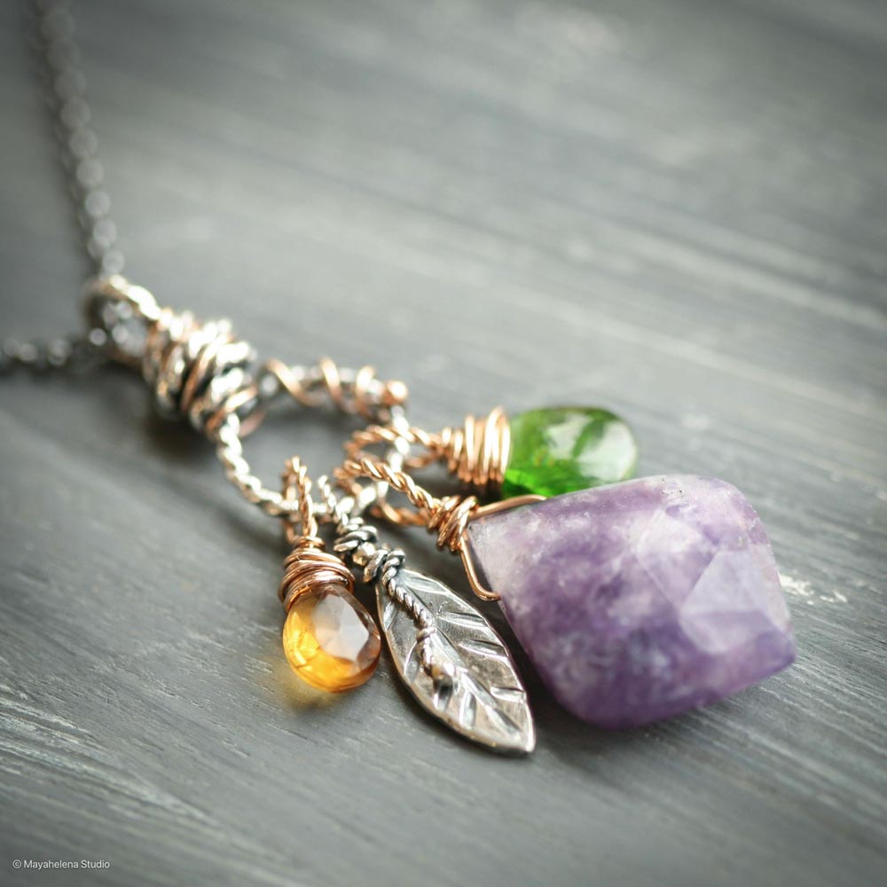 il_fullxfull.6672004173_i7ny.jpg Tranquility - Lepidolite Chrome Diopside Citrine Crystals Mixed Metal Brass Accents Silver Charm Necklace