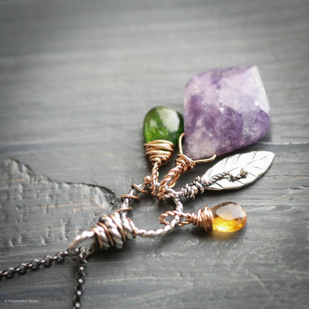 il_fullxfull.6672005139_hyna.jpg Tranquility - Lepidolite Chrome Diopside Citrine Crystals Mixed Metal Brass Accents Silver Charm Necklace