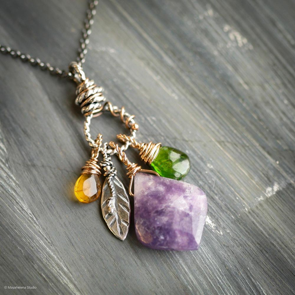 il_fullxfull.6672005141_57t1.jpg Tranquility - Lepidolite Chrome Diopside Citrine Crystals Mixed Metal Brass Accents Silver Charm Necklace