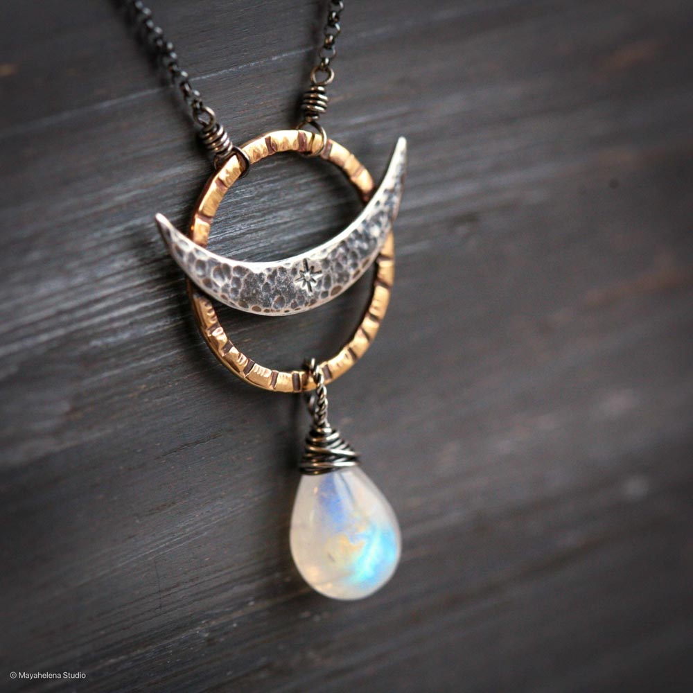 The Eclipse - Moonstone Brass and Sterling Silver Necklace