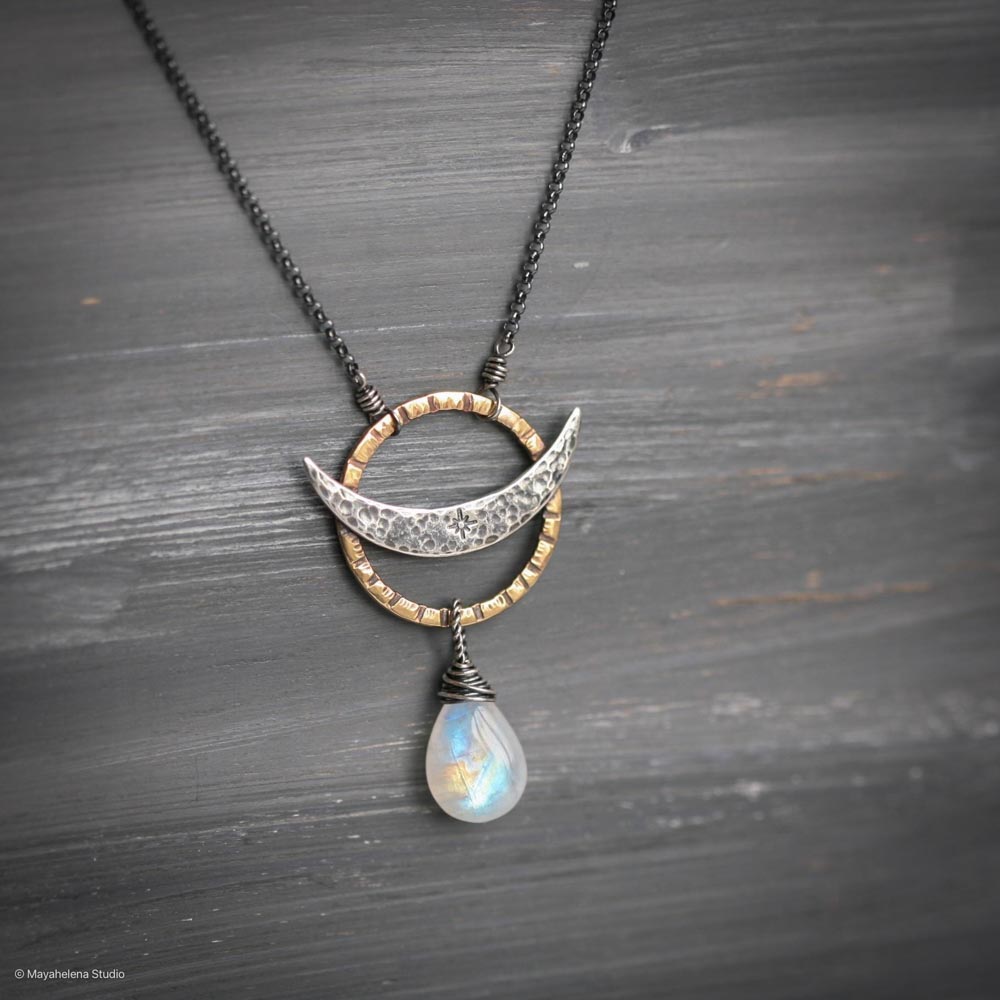 The Eclipse - Moonstone Brass and Sterling Silver Necklace