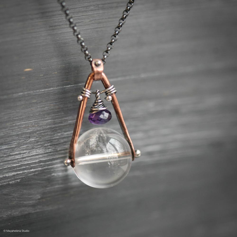 Orbuculum  - Rock Crystal and Amethyst Copper Sterling Silver Necklace