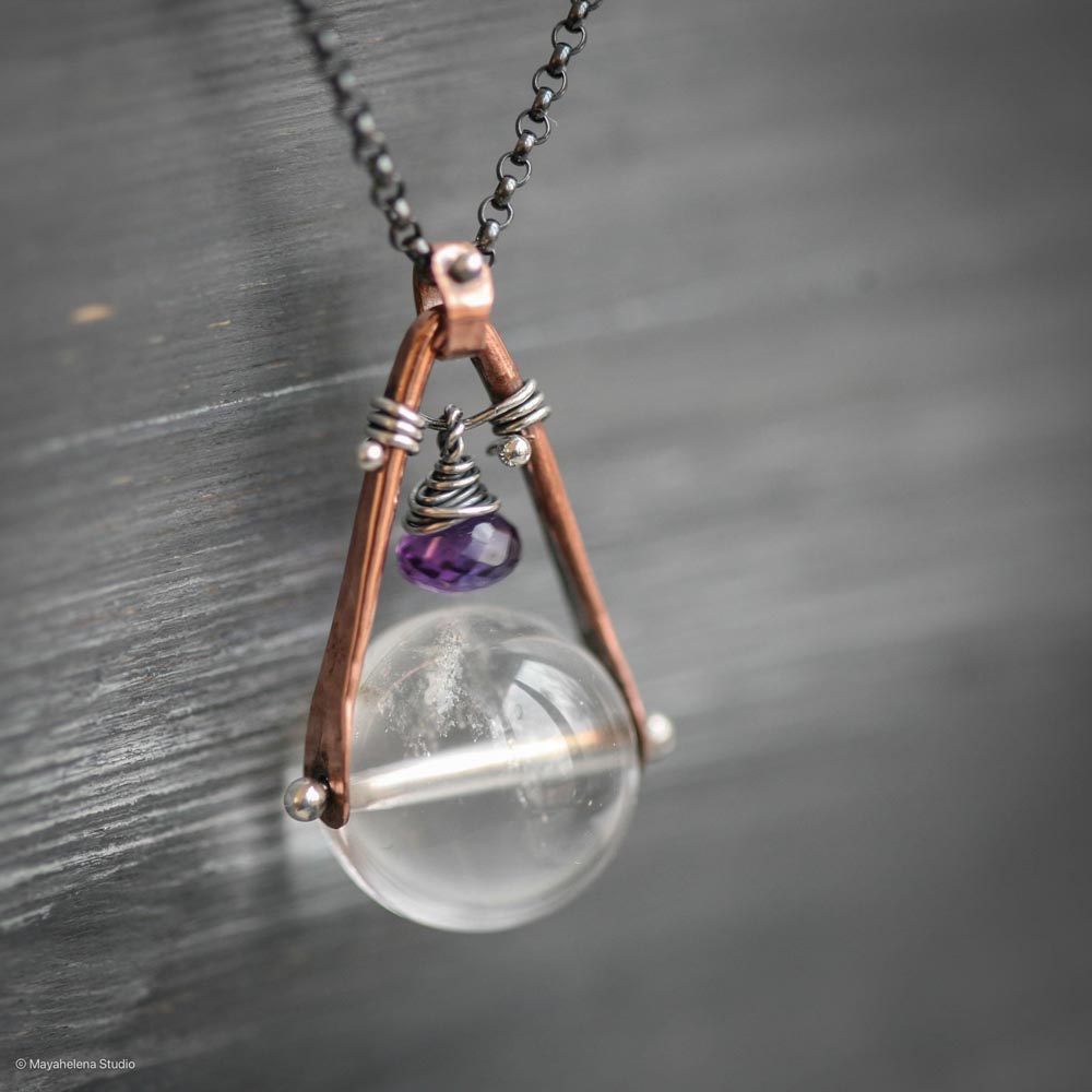Orbuculum  - Rock Crystal and Amethyst Copper Sterling Silver Necklace
