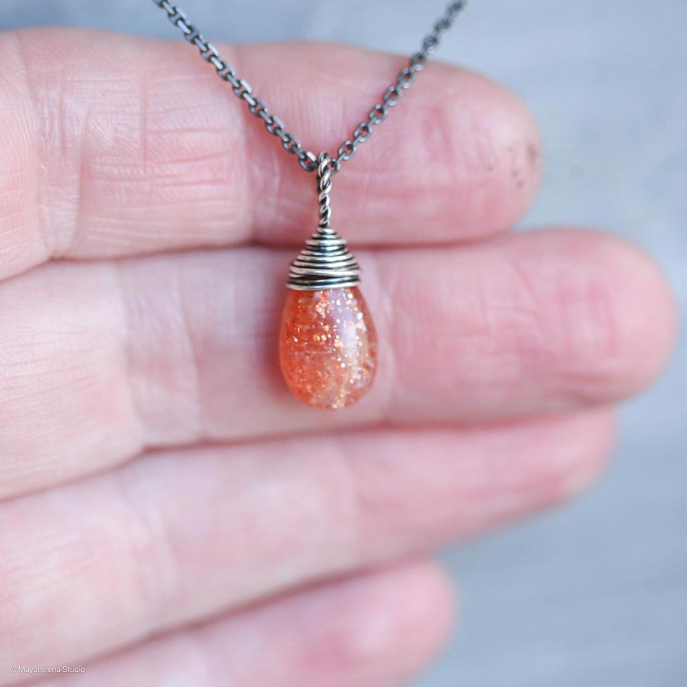 Sunstone Simple Solitaire Smooth Wire Wrapped Sterling Silver Necklace