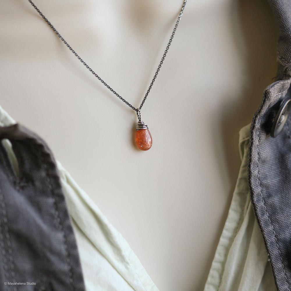 Sunstone Simple Solitaire Smooth Wire Wrapped Sterling Silver Necklace
