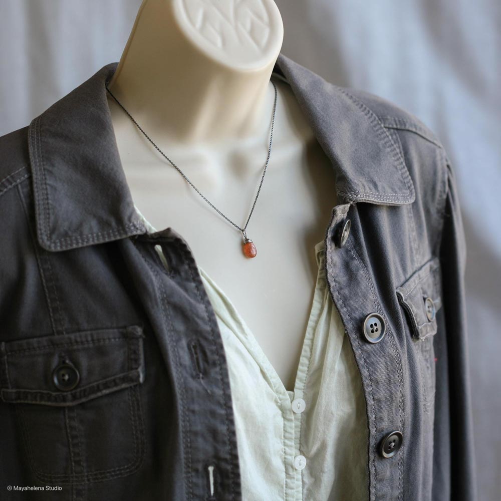 Sunstone Simple Solitaire Smooth Wire Wrapped Sterling Silver Necklace